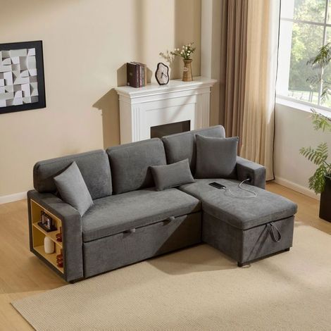 Canapé d'angle convertible - SOGEU - Réversible et convertible - Tissu Oxford gris - Coffre de rangement - Port USB (1/5)