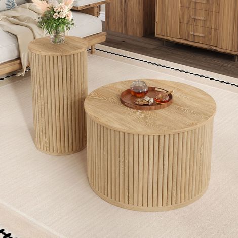 DESMIU Table basse ronde 2 pièces avec structure de rangement, style moderne, pour salon, en MDF, naturel (1/5)