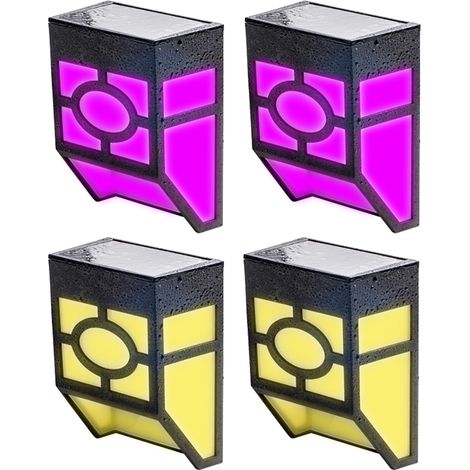 Lot de 4 appliques solaires murales avec éclairage LED pour patio, clôture, terrasse, porte d'entrée, aménagement paysager, jardin (lumière chaude + multicolore, 2 LED)