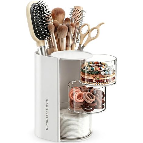 Organisateur de salle de bain rotatif blanc, rangement pour cotons-tiges, cotons, accessoires cheveux et pinceaux de maquillage, boîte pratique pour coiffeuse (1/5)