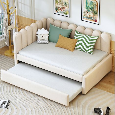 DESVIAE Canapé lit rembourré en forme de L 140 x 200 cm avec lit gigogne dossier en forme de pétale velours beige (1/5)
