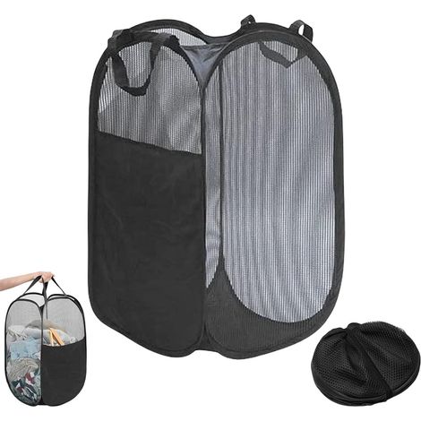Panier à linge pliable en filet - Panier à linge pliable - Panier à linge avec poches latérales - Panier à linge en filet avec poignée - Convient pour les salles de bain et les logements étudiants - 3 (1/5)
