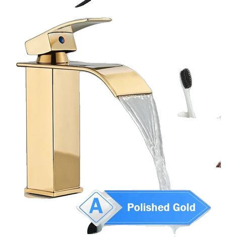Grifo de lavabo de baño, caño tipo cascada, construcción de latón resistente, acabado dorado pulido MMW (1/2)