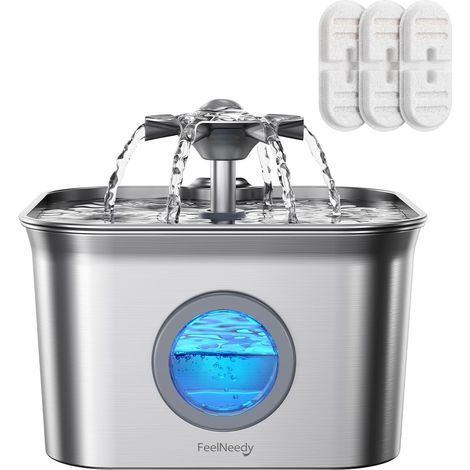Stainless Steel Cat Water Fountain 2.8L Silent, 3 Filters Quadruple Filtration, LED Level Window, Multi-Pet (1/5)