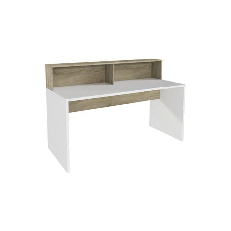 Escritorio Estela con altillo acabado blanco soft/roble cortez. 120cm(alto) 160cm(ancho) 67.2cm(fondo)