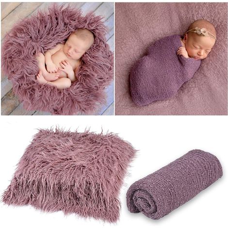 Couverture photo bébé nouveau-né, tapis moelleux et enveloppe de photographie, accessoire pour séance photo, motif à poils longs, ensemble de 2 pièces. (1/5)