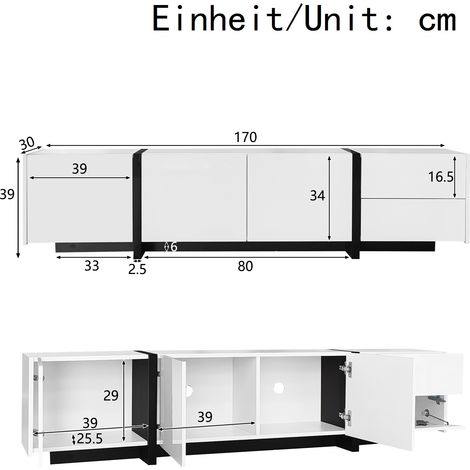 Meuble TV bas, buffet TV blanc laqué brillant, pieds noirs contrastés, portes et tiroirs épurés, armoire moderne pour salon. (1/5)