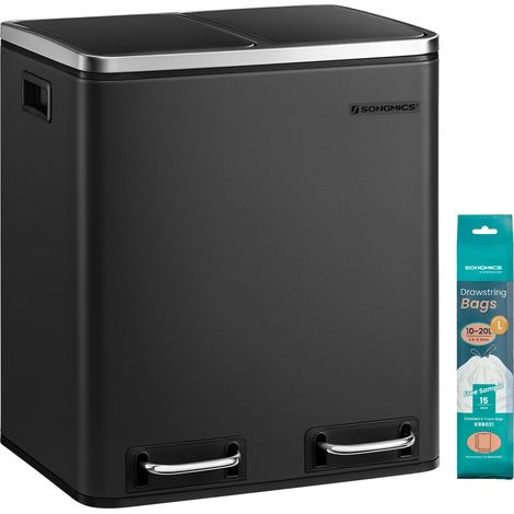 Poubelle Cuisine, 2 x 15 L, Poubelle Tri, avec Pédale, 2 Compartiments, 15 Sacs Poubelles, Seaux Intérieurs, Couvercles en Douceur, en Acier, Noir d'Encre LTB030BH01 (1/5)