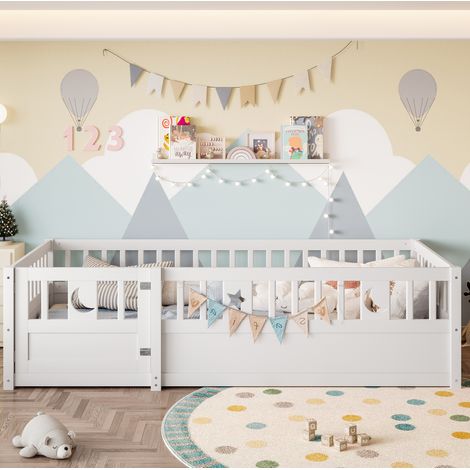 Letto per bambini con sponde 196x96x55 cm, chiusura di sicurezza, decorazione stelle e luna, legno di pino bianco (1/5)
