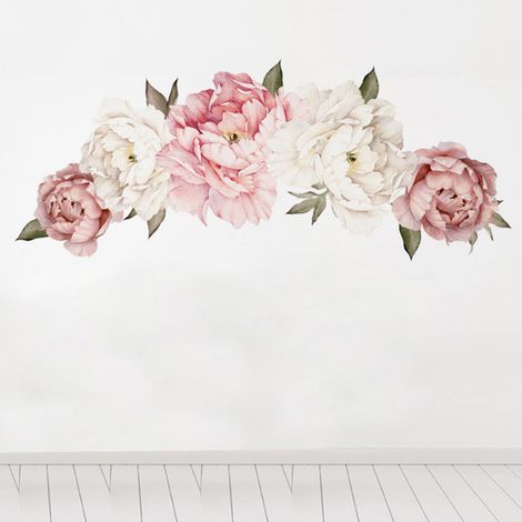 Stickers muraux floraux pivoines aquarelle, fleurs blanches et roses, application murale décorative. (1/5)