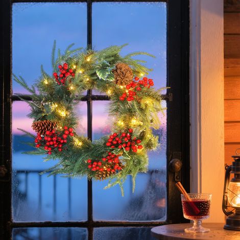 60 cm großer, beleuchteter Weihnachtskranz mit 35 LEDs, Timer, 170 Zweigen, Tannenzapfen, Beeren, Stechpalmenblättern und Grün (1/5)