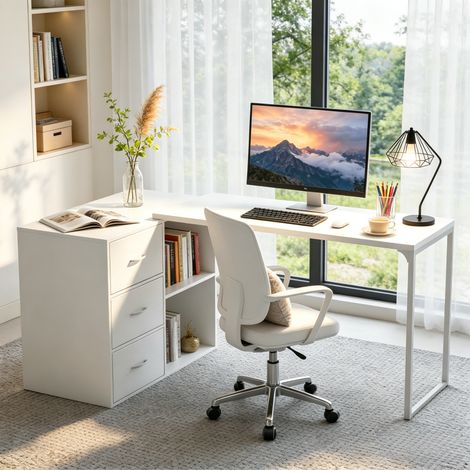 Bureau d'ordinateur en Forme de L avec tiroirs et étagères, Bureau d'angle réversible Blanc avec Armoire de Rangement - Blanc