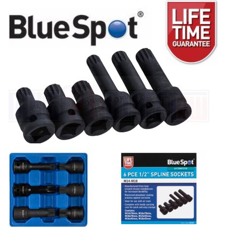 Bluespot 6pc Impact Spline Sockets Bit Set M14 M16 M18 Deep Shallow 1/2" Drive (1/4)