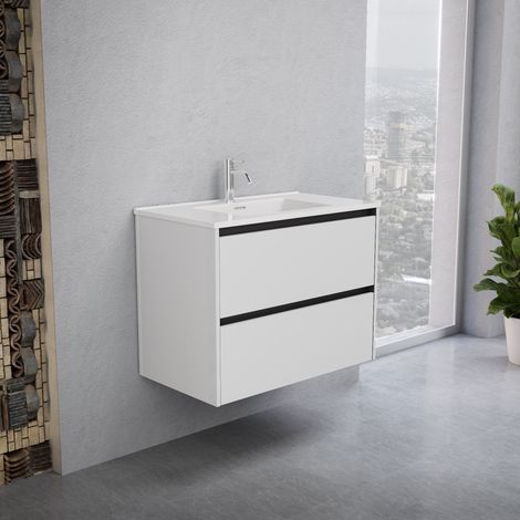 Inda - Badezimmerschrank 2 Schubladen B.80 mit glänzendem Waschbecken / Weiß glänzend - Smeraldo (1/5)