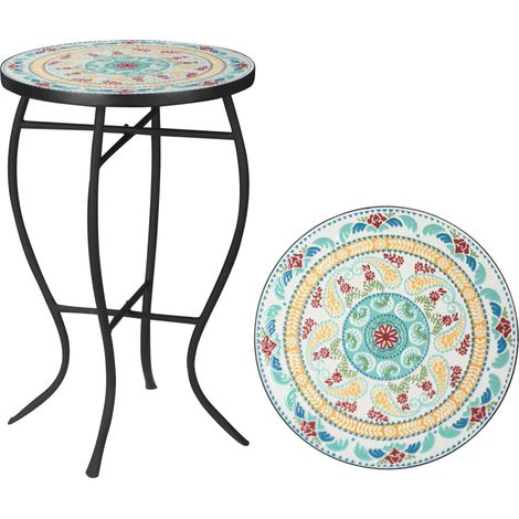 Runder Gartentisch/Beistelltisch mit Mosaikmuster und Metallbeinen für Terrasse, Balkon oder Garten, 35,5 x 35,5 x 53,5 cm, Türkis