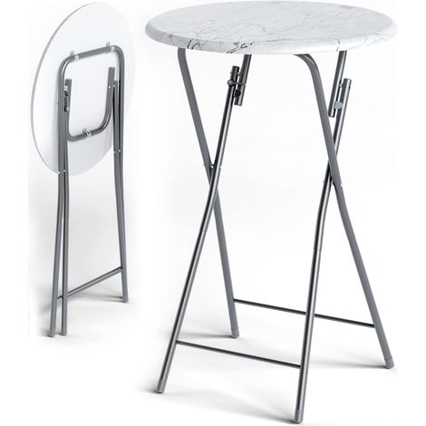 Casaria – Table haute pliante Ø 60 cm – Structure en métal – Plateau MDF blanc aspect marbre – Hauteur 110,5 cm – Usage intérieur et extérieur