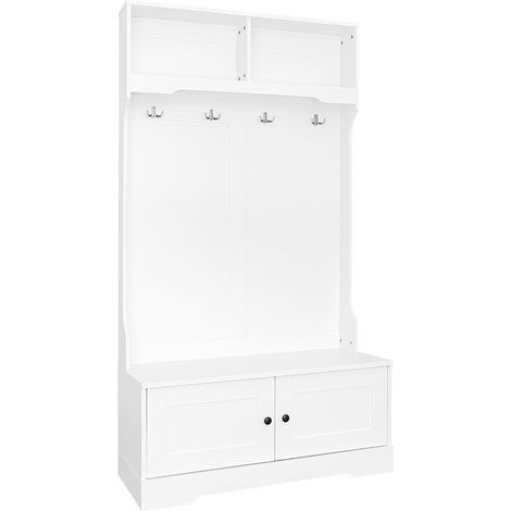 Meuble d’entrée blanc avec rangement sous l’assise, 4 crochets de suspension et 2 compartiments ouverts en haut - porte-vêtements, penderie, meuble à chaussures (1/5)