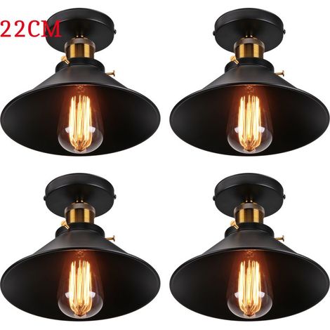 Plafonnier Vintage Rétro Lampe de Plafond Industrielle Fer Abat-jour 22cm Noir 4PCS (1/5)