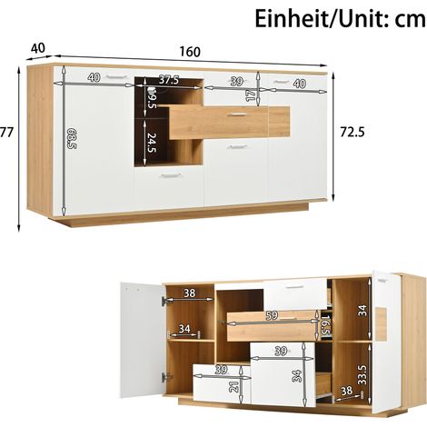 Meuble buffet moderne avec LED, 160x40x77cm, 2 portes, 4 tiroirs, étagère en verre, finition bois blanc, meuble de salon multifonction, rangement spacieux, commode organisateur. (1/5)