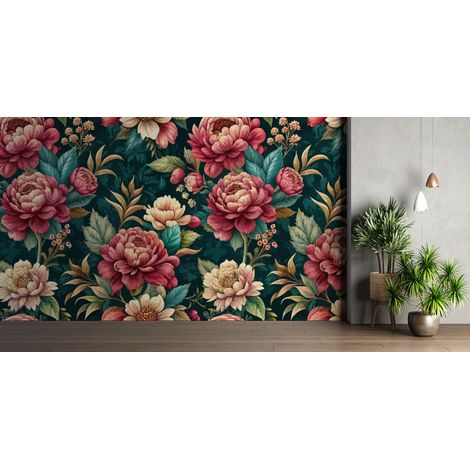 Papier peint fleuri - tapisserie pivoines sombres - 150 x 250 cm (1/2)