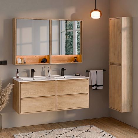 Badmöbel-Set Doppel-Einbauwaschbecken 120cm Hochschrank und Spiegelschränke Edmé Bois (1/5)