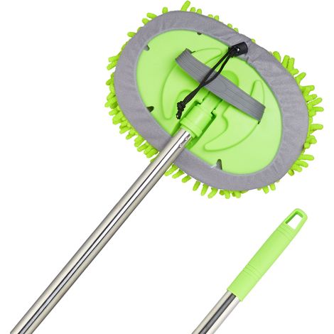 Relaxdays Spazzola Lavaggio Auto, Spugna Microfibra con Asta Telescopica, Bastone Spazzolone 160 cm, Verde Argentato