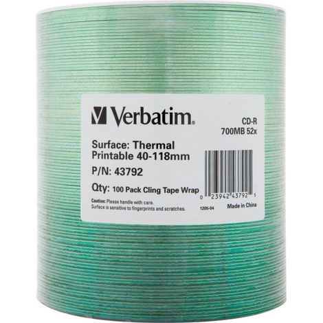 CD-R Verbatim de 700 MB, 52 copias, imprimibles térmicamente, sin identificación de marca (paquete de 100) (1/3)