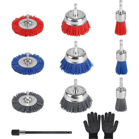 Lot de 9 Brosses Abrasives de Nylon, 75mm Brosse Circulaire et Brosse pour Gobelet, 25mm Bross avec 150mm Tige d'Extension Hexagonale, Brosse Perceuse pour Enlever Rouille Corrosion Peinture