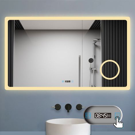 LED Badspiegel 140x80cm mit Touch Antibeschlage 3-Fach Lupe Uhr 3 Farbe Dimmbar 2700-6500k IP44 (1/5)