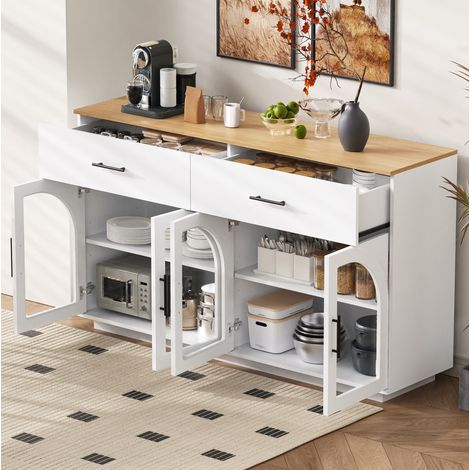 MODFU – Credenza cucina 58x15,7x33,9 cm in MDF con ante ad arco trasparenti, piano in legno, 2 cassetti e carico 40 kg – Bianco/legno (1/5)