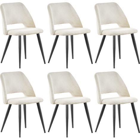 Lewe – Lot de 6 chaises de salle à manger en velours côtelé beige – Rembourrage mousse haute densité – Pieds en métal noir stables – Dossier ergonomique