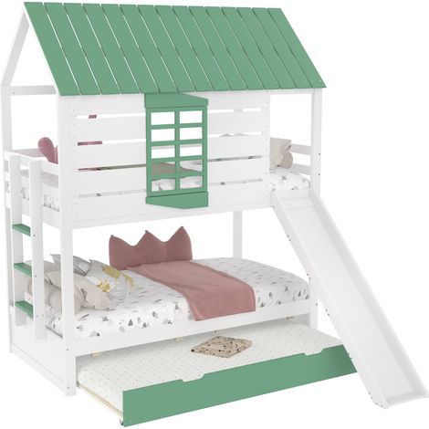 Lit superposé maison 90x200 avec toboggan et lit gigogne, toit à deux pans, fenêtre en cœur, blanc et vert, pour chambre d’enfant et aire de jeu – CHICFURN (1/5)