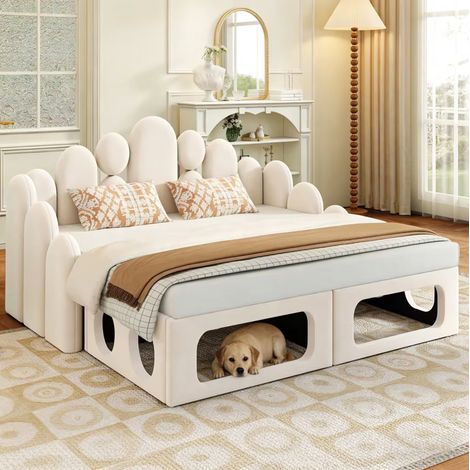 DESVIAE Canapé lit rembourré 180 x 200 cm avec couchage pour animal de compagnie velours beige lit multifonction 2 en 1 dossier inclus sommier à lattes convertible en deux lits séparés (1/5)