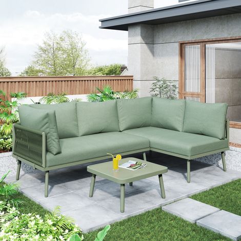 Conjunto de salón de jardín en hierro con cojín de asiento, patas regulables, 2 sofás y 1 mesa, verde (1/5)