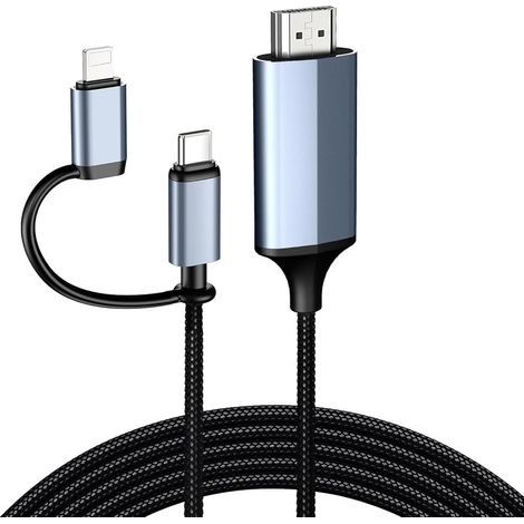 Câble HDMI 2 en 1 Light-ning et type C vers HDMI [2 M], pour iPhone 16/15/14/13/12/11, iPad Pro/Air/Mini, 1080P HD, compatible YouTube (compatible avec TV/projecteur)-ARCAN (1/5)
