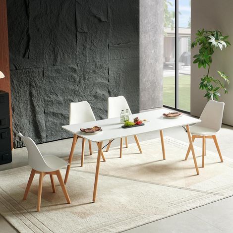 Essgruppe rechteckiger Esstisch 160cm mit 4 Stühlen weiß, Holzbeine (1/5)