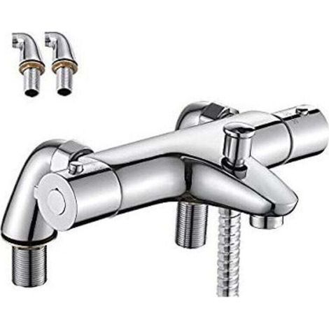 Thermostatischer Armaturenset für Badewanne/Dusche mit Sicherheitsknopf gegen Verbrühung bei 38 °C, thermostatische Mischventil aus Messing, brandschutzoptimiertes Design für Badewanne und Dusche