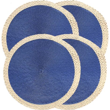 Sets de table ronds tressés - Lot de 4 sets de table de 38 cm - Lavables - Résistants à la chaleur - pour table à manger - Antidérapants - Usage intérieur/extérieur - Sets de table pour'Bleu (01) 4 pc (1/5)