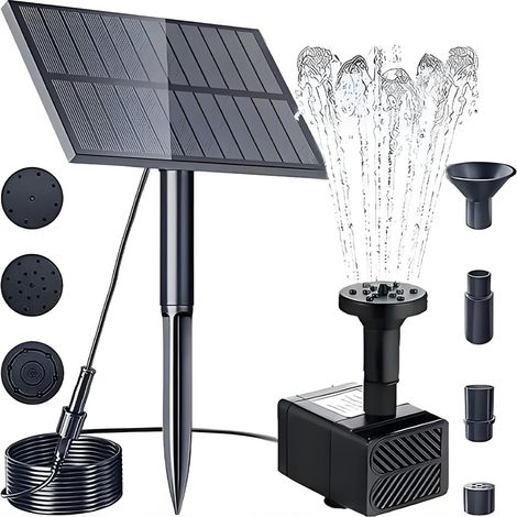 1 fontaine solaire, panneau verre laminé, 7 jets réglables, hauteur eau 30-60 cm, débit 0-150 l/h, pour bassin et bain d'oiseaux (1/5)