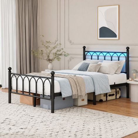 Struttura letto in metallo 120x200 cm, testiera alta, LED, USB, contenitore sottoletto, nero (1/5)