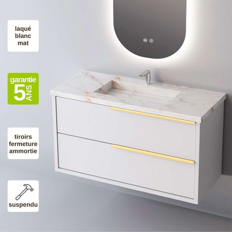 Meuble de salle de bain plan vasque Grès Cérame Blanc Storm, 2 Tiroirs Poignée Or, l80xh54xp45, Laqué Blanc Mat, LIKE (1/3)