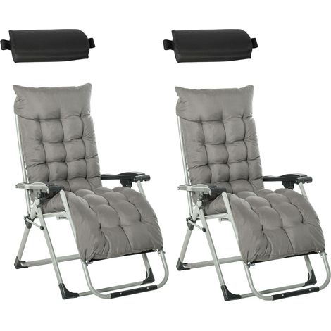 2pc Reclining Zero Gravity Sun Loungers ,Folding Chaise Lounge Chair with Cushions, Dark Grey