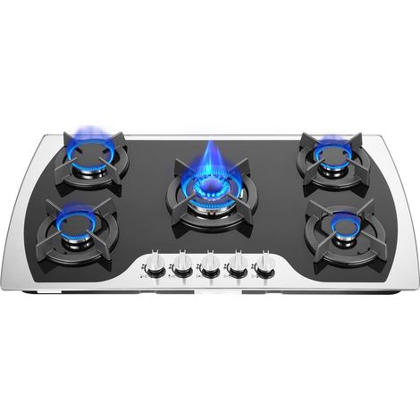 36 inch Gas Cooktop, 5 Burner Built-in Stainless Steel Gas Stove Top LPG/NG Dual Fuel Auto Ignition Gas Hob Gas Countertop Plug-in with Thermocouple Protection for Kitchen, Home, Apartments, RVs (1/5)