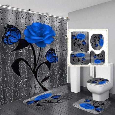 Duschvorhang-Set mit Blumenmuster, inklusive Antirutschmatte, WC-Deckel und Badematte Regentropfen-Duschvorhang mit 12 Haken wasserdichter Stoffduschvorhang für Badezimmerdekoration