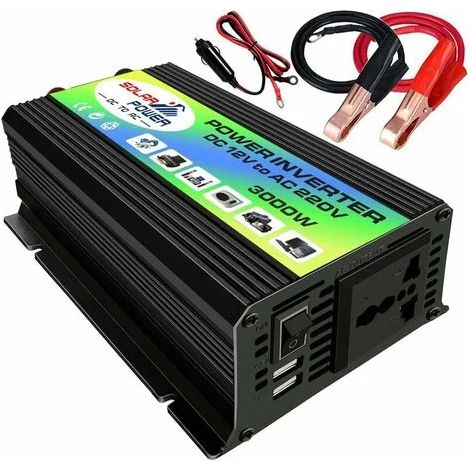 Convertisseur De Courant 3000 W - 12 V Cc Vers 220 V Ca - Onde Modifiée - 2 Ports Usb 2.1 A - Clips Batterie - Pour Voiture Camping Rv