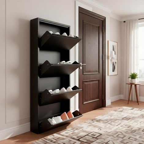 Scarpiera Slim In Metallo 4 Ante A Ribalta Salvaspazio Ultra Sottile Profondita 15 Cm 138x50x15 Cm Porta Scarpe Verticale Moderna Per Ingresso Camera Corridoio Gia Montata - Colore: Nero (1/5)