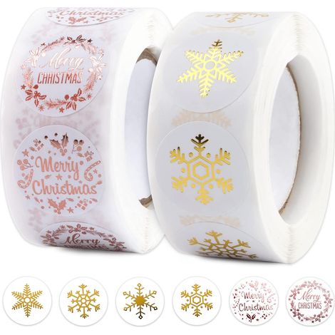 1000PCS Christmas Sticker Labels Roll Snowflake Sticker Merry Christmas DIY Christmas Home Decoration Gift Envelope Greeting Cards Scrapbooking Pattern for Christmas (Pink and Gold) (1/4)