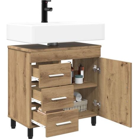 Meuble Lavabo de Salle de Bain en Chêne Massif Artisanal avec Rangements - Style Rustique Élégant et Durable pour WC ou Salle d'Eau (1/5)