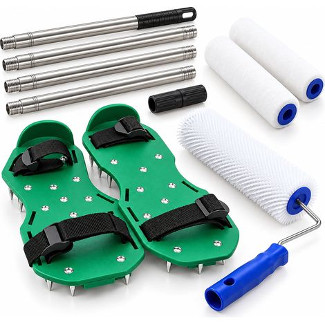 Relaxdays Bodenbeschichtungs-Set, 4-tlg., Stachelwalze, Nagelschuhe, Größe 39-46, Farbwalze, Teleskopstange, weiß/grün (1/5)