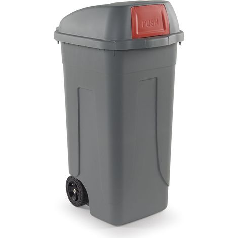 Bidone raccolta differenziata 100 litri con ruote - Fondo grigio e Coperchio a campana con sportello basculante rosso - Mobil Plastic